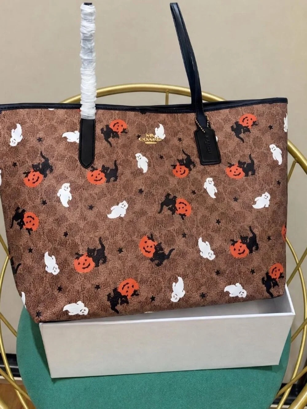 Coach Brown Canvas Tote with Halloween Ghost & Pumpkin Motif - Picture 2 of 5